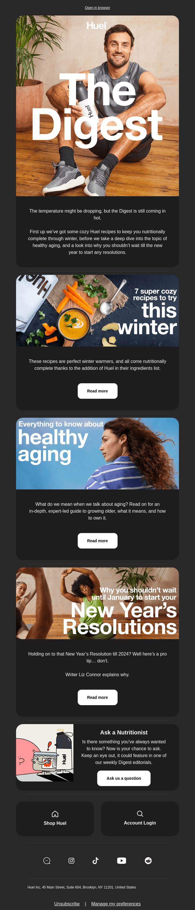 Huel newsletter example featuring educational content about healthy aging with recipe recommendations and nutritional tips